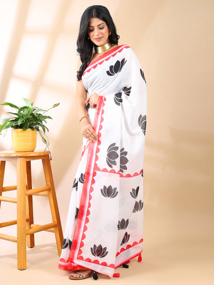 Linen Cotton Lotus Tapi Print Saree