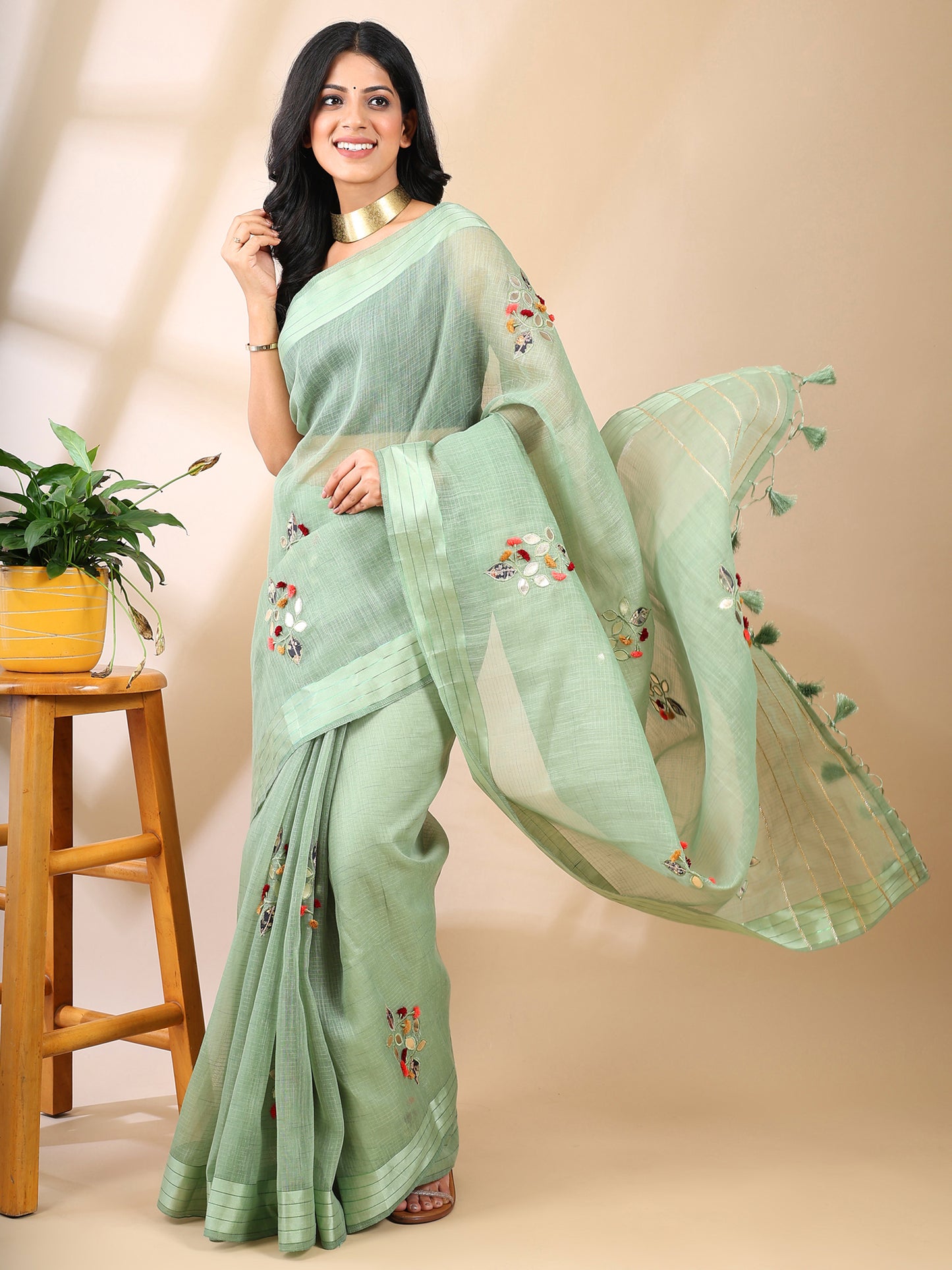 Green Chanderi Cotton Applique Saree