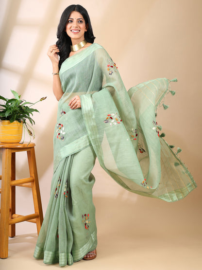 Green Chanderi Cotton Applique Saree