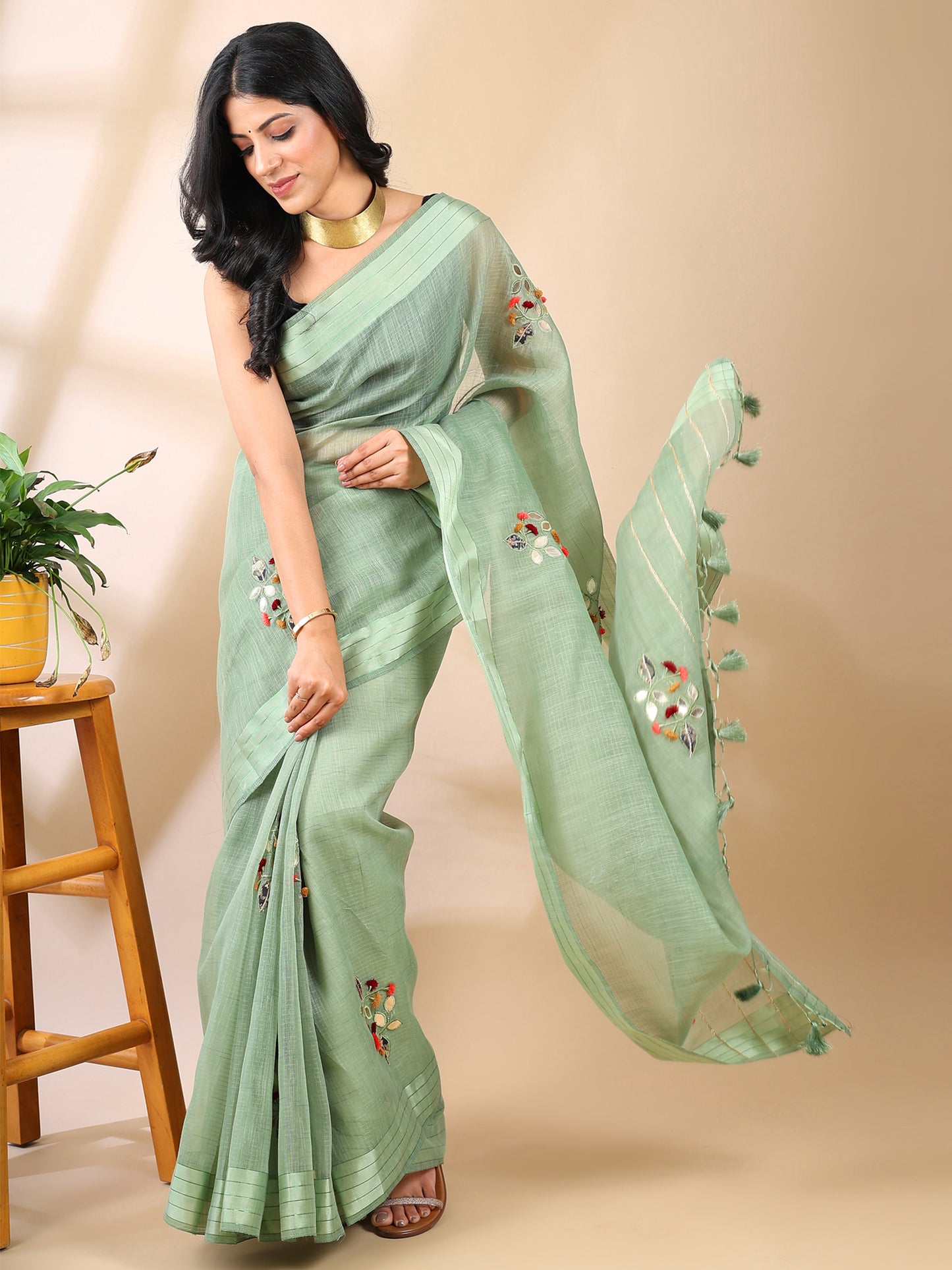 Green Chanderi Cotton Applique Saree