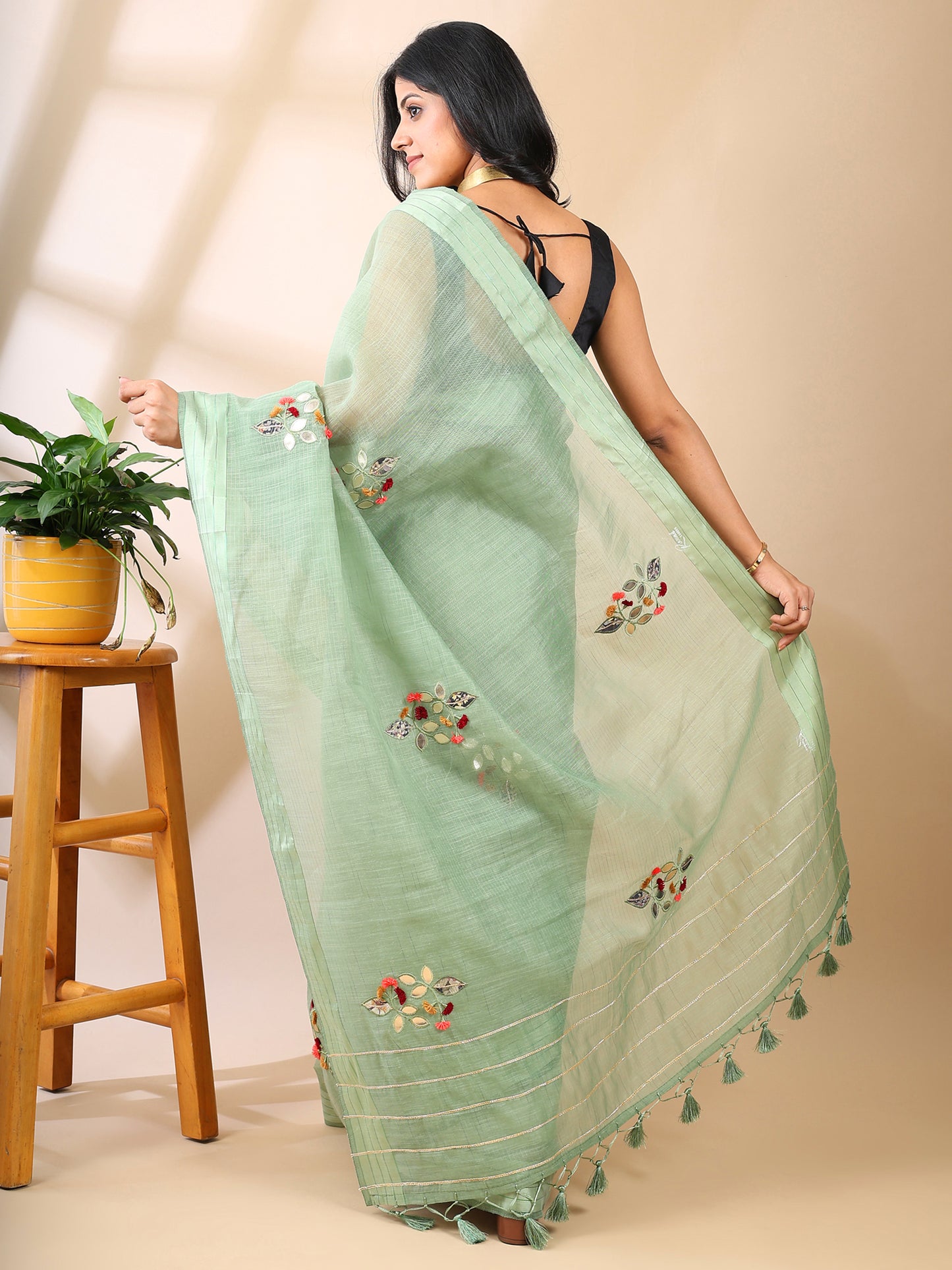 Green Chanderi Cotton Applique Saree