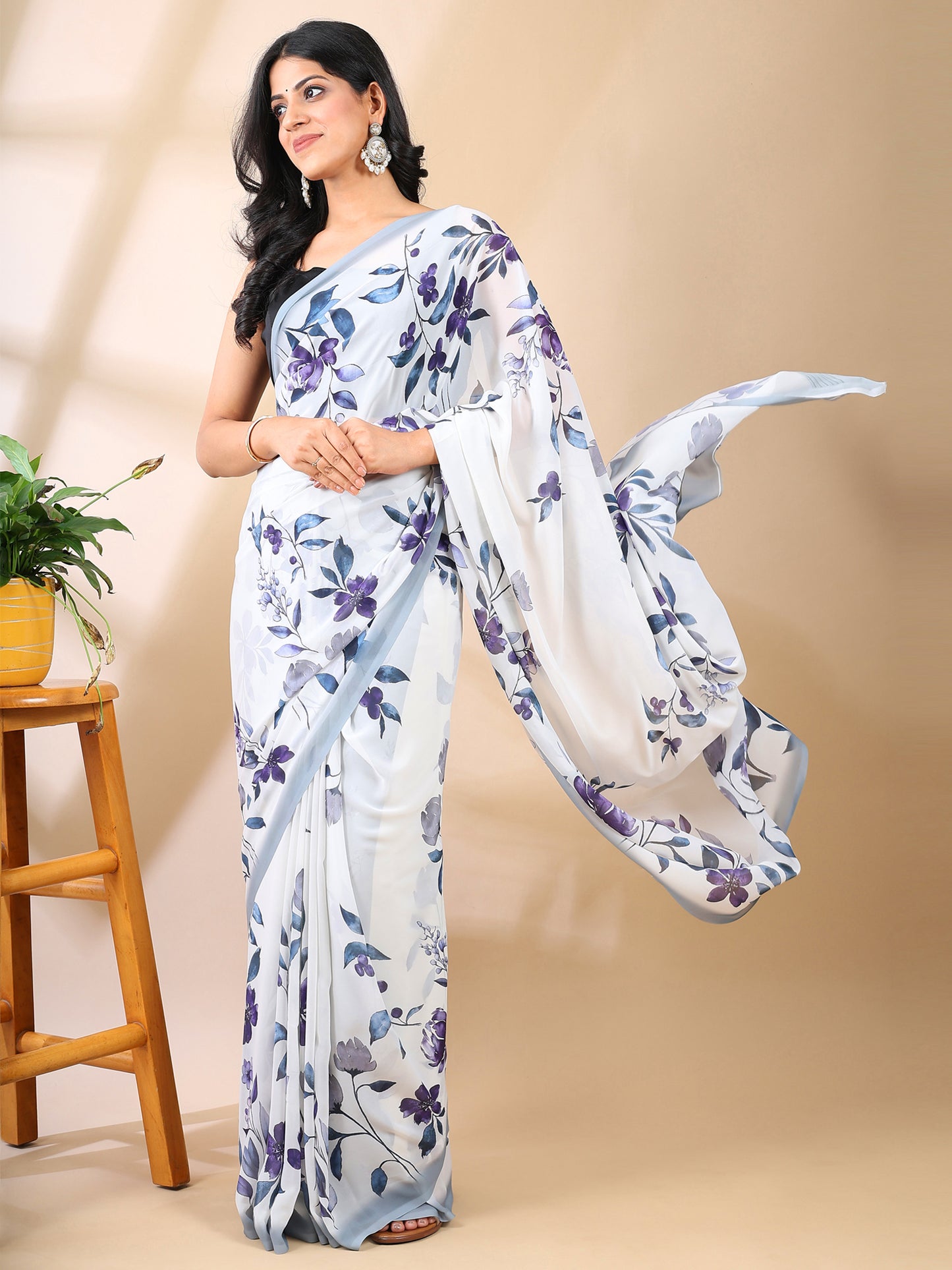 White Georgette Floral Print Saree