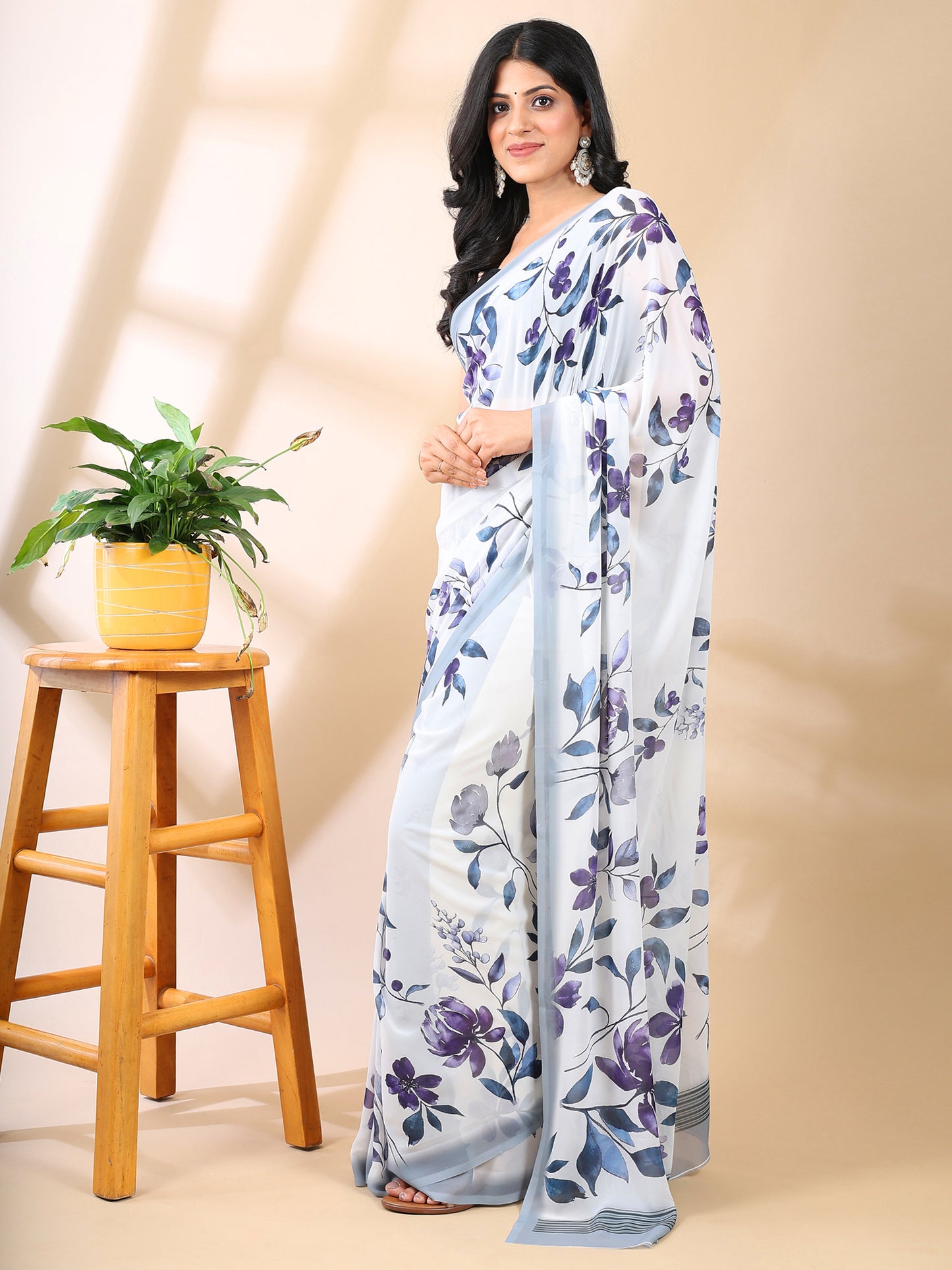 White Georgette Floral Print Saree