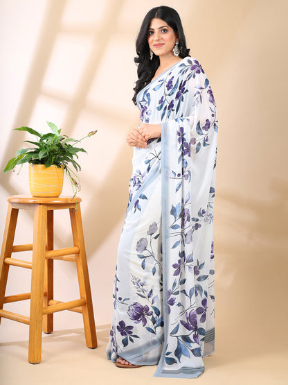 White Georgette Floral Print Saree