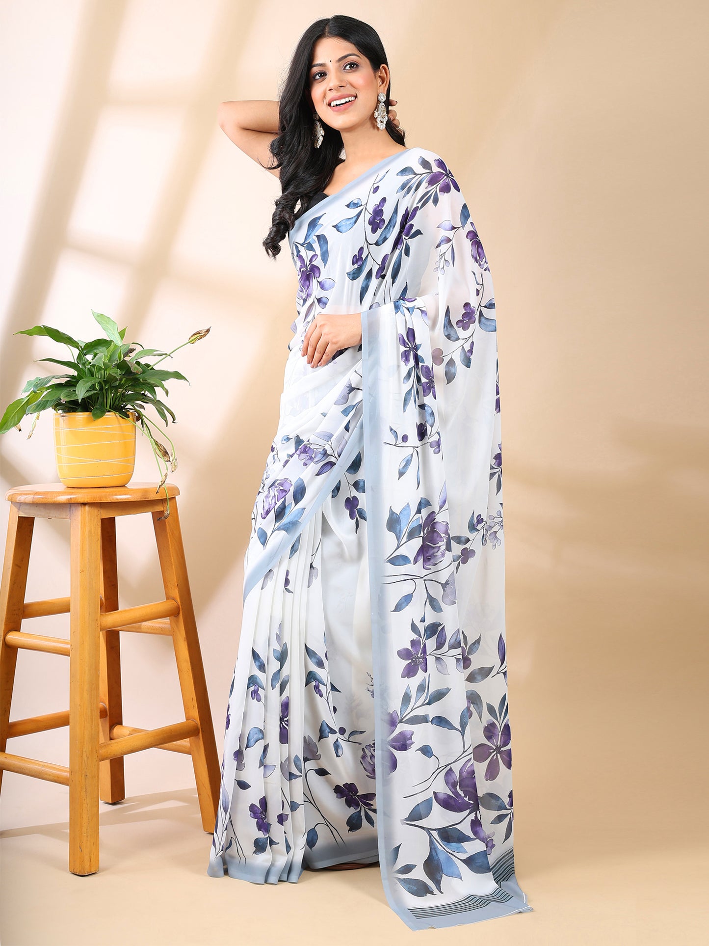 White Georgette Floral Print Saree