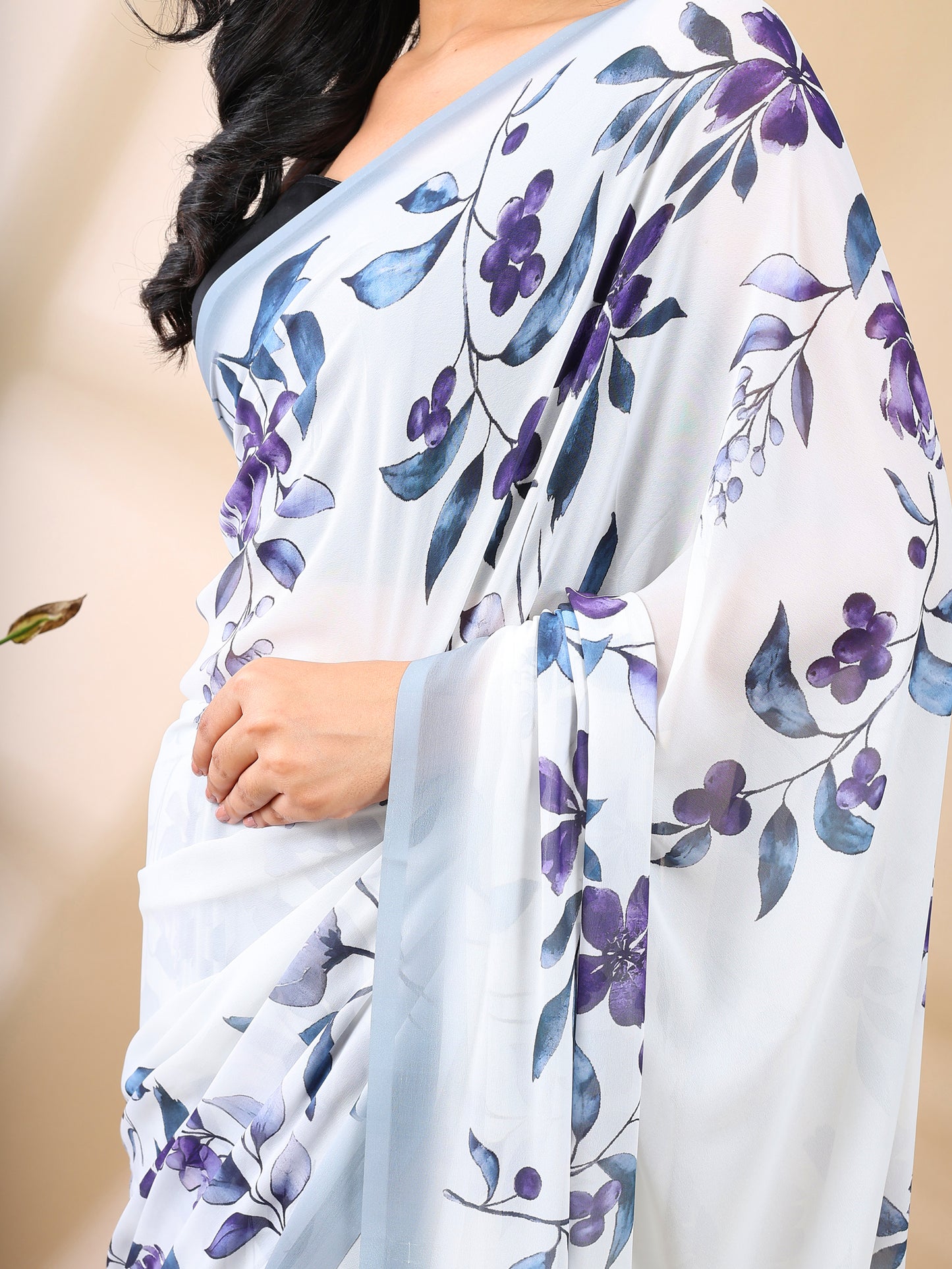 White Georgette Floral Print Saree