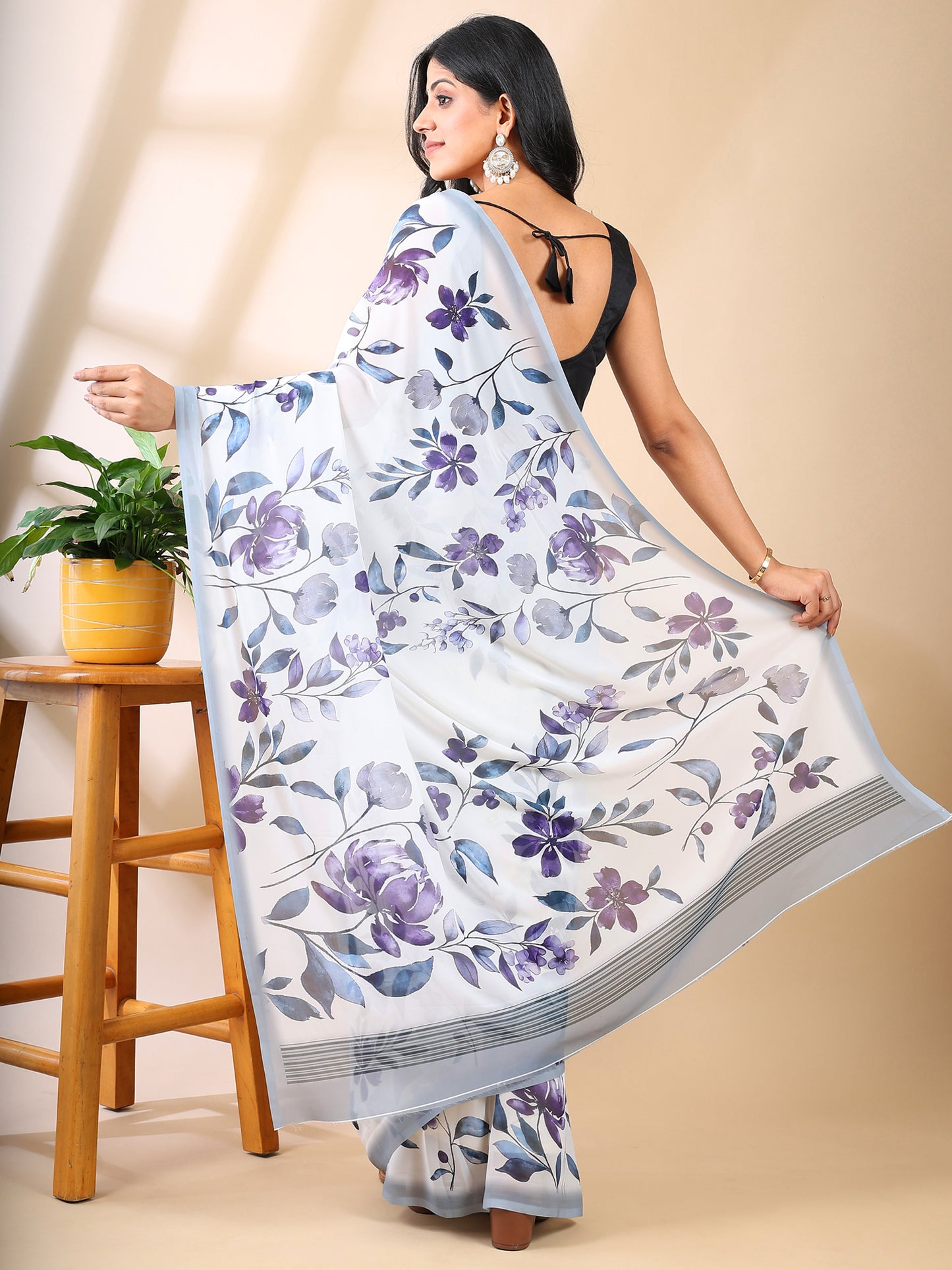 White Georgette Floral Print Saree