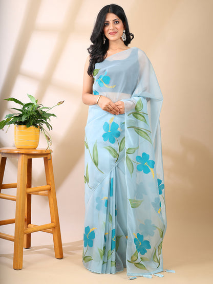 Sky Blue Hand-Painted Organza Saree