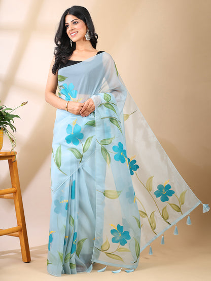 Sky Blue Hand-Painted Organza Saree