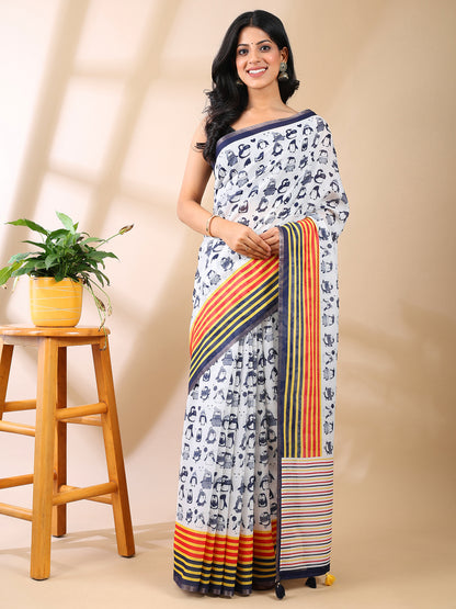 Penguin Block Print Linen Cotton Saree