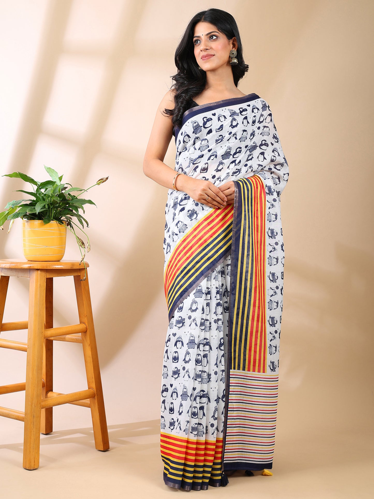 Penguin Block Print Linen Cotton Saree
