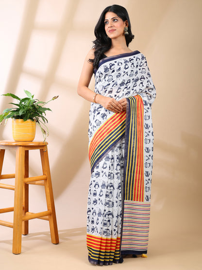 Penguin Block Print Linen Cotton Saree