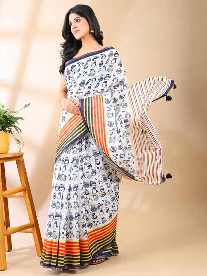 Penguin Block Print Linen Cotton Saree