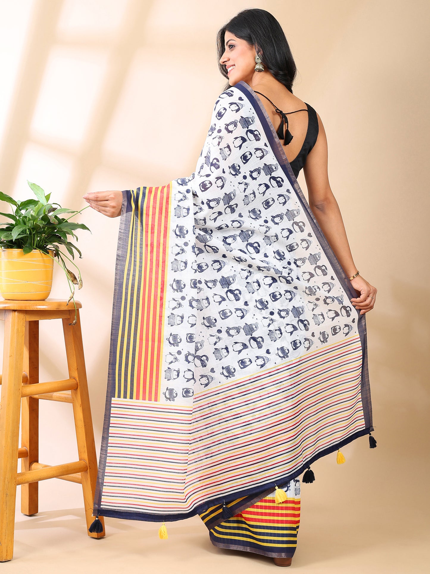 Penguin Block Print Linen Cotton Saree