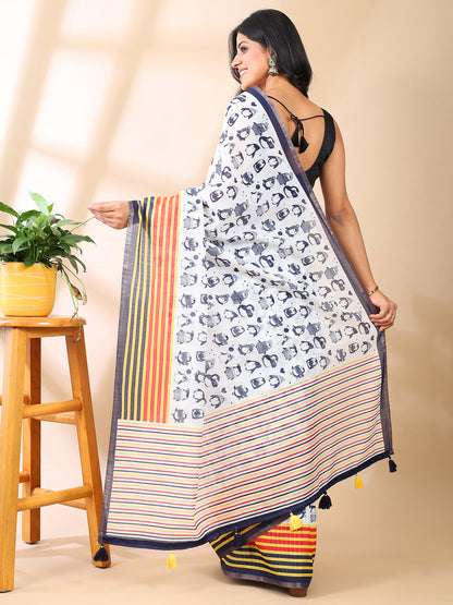 Penguin Block Print Linen Cotton Saree