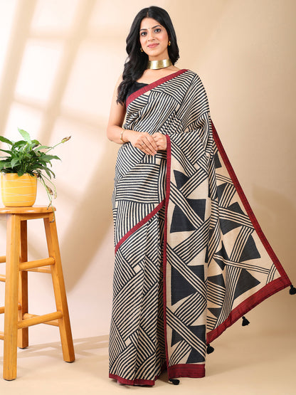 Multi-Color Geometric Print Silk Saree