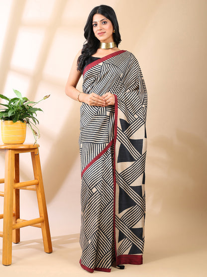 Multi-Color Geometric Print Silk Saree