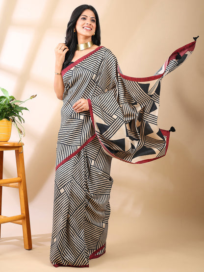 Multi-Color Geometric Print Silk Saree
