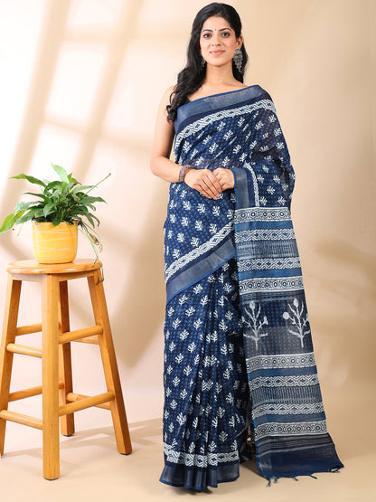 Indigo Linen Hand Block Print Saree