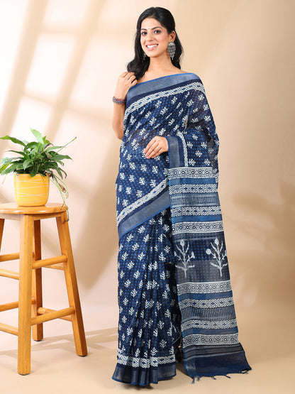 Indigo Linen Hand Block Print Saree