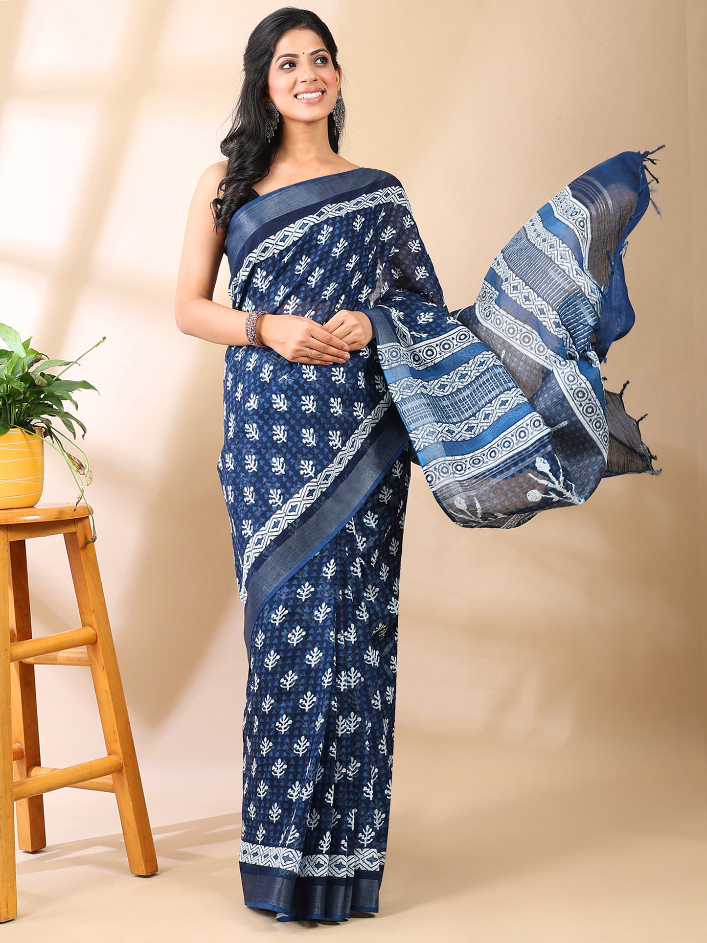 Indigo Linen Hand Block Print Saree