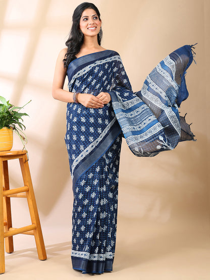 Indigo Linen Hand Block Print Saree