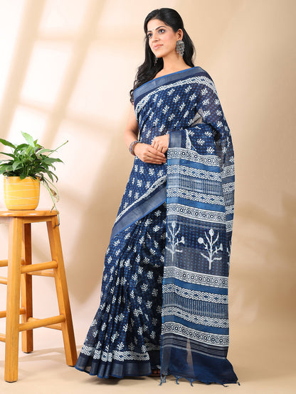 Indigo Linen Hand Block Print Saree