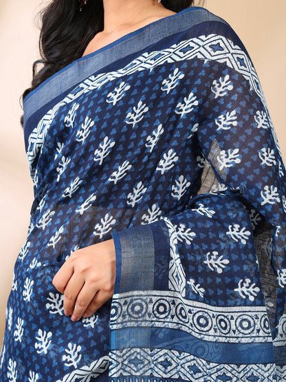 Indigo Linen Hand Block Print Saree