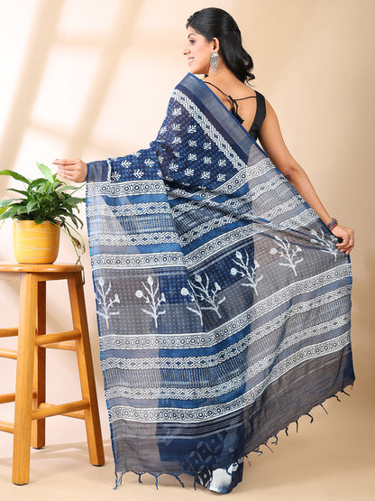 Indigo Linen Hand Block Print Saree