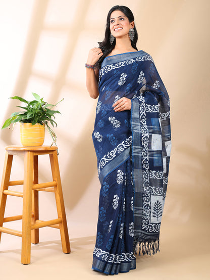 Indigo Handblock Print Linen Cotton Saree