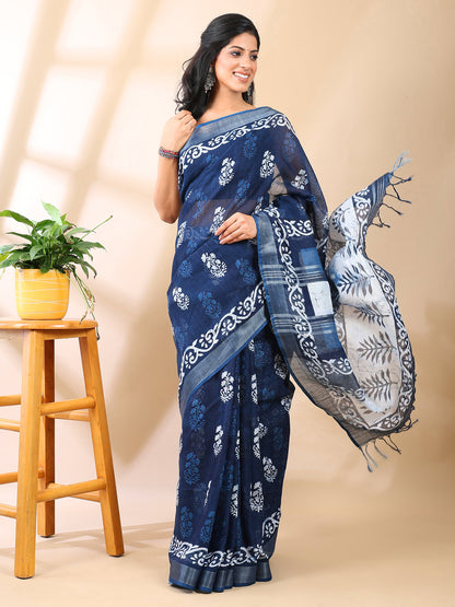 Indigo Handblock Print Linen Cotton Saree