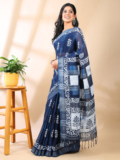Indigo Handblock Print Linen Cotton Saree