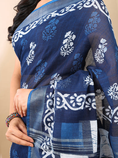 Indigo Handblock Print Linen Cotton Saree