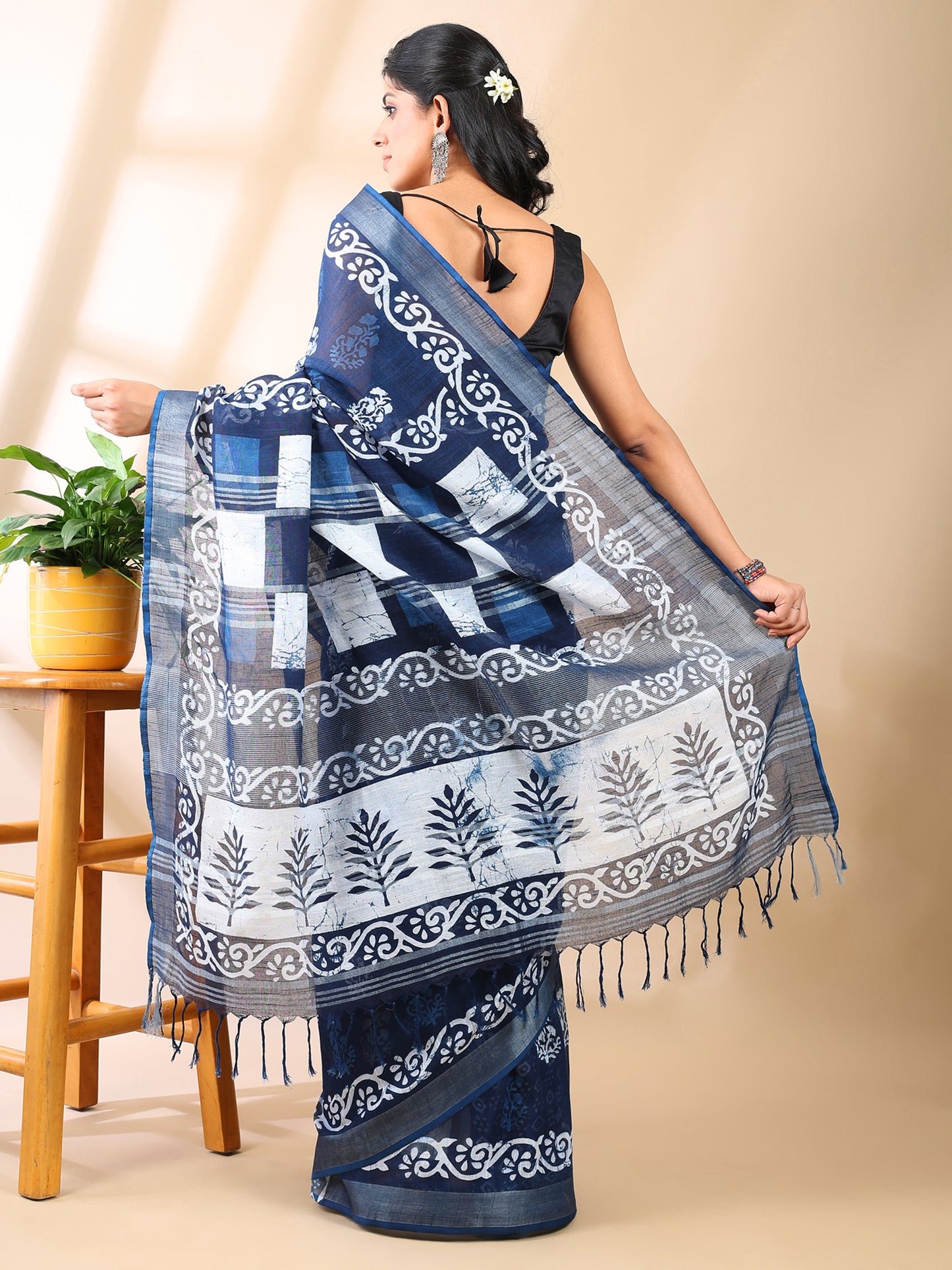 Indigo Handblock Print Linen Cotton Saree