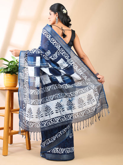 Indigo Handblock Print Linen Cotton Saree