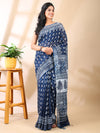 Indigo Handblock Print Linen Cotton Saree