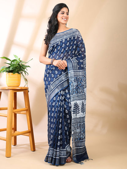 Indigo Handblock Print Linen Cotton Saree