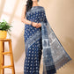 Indigo Handblock Print Linen Cotton Saree