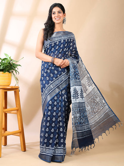 Indigo Handblock Print Linen Cotton Saree