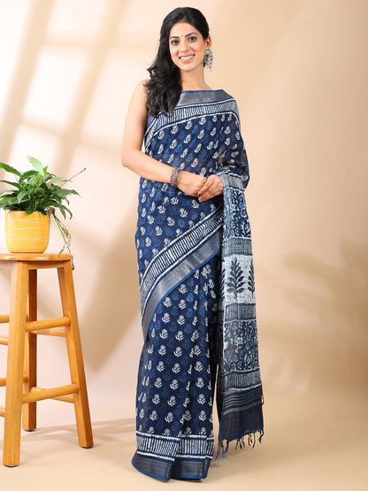 Indigo Handblock Print Linen Cotton Saree