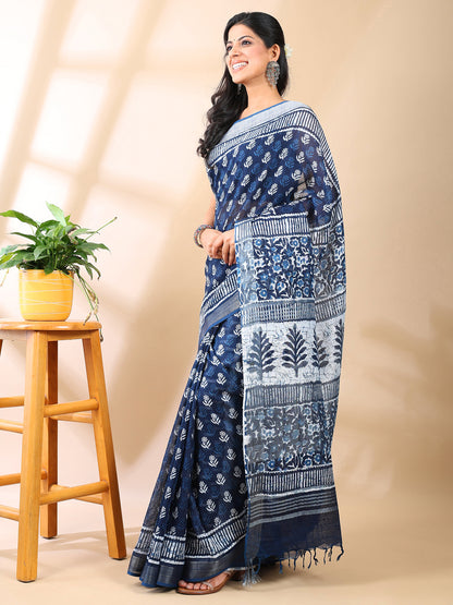 Indigo Handblock Print Linen Cotton Saree