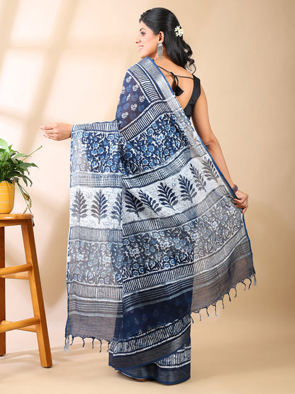 Indigo Handblock Print Linen Cotton Saree