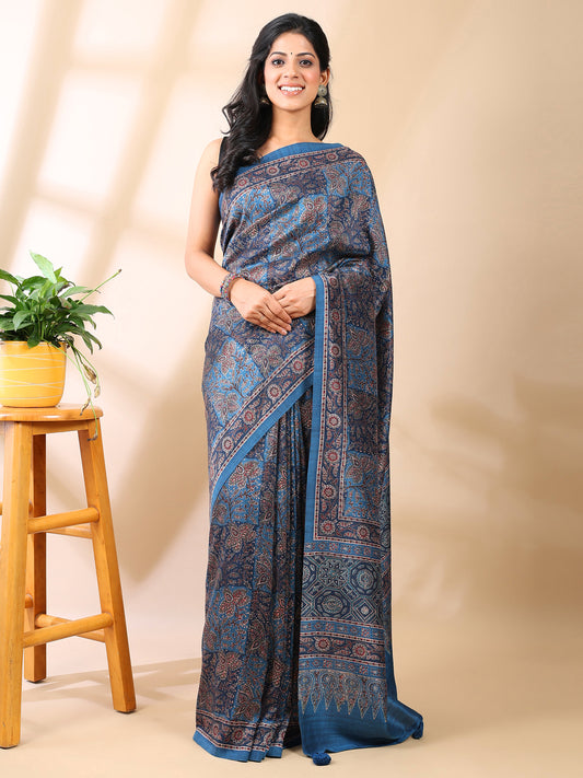 Indigo Tussar Art Silk Ajrakh Saree