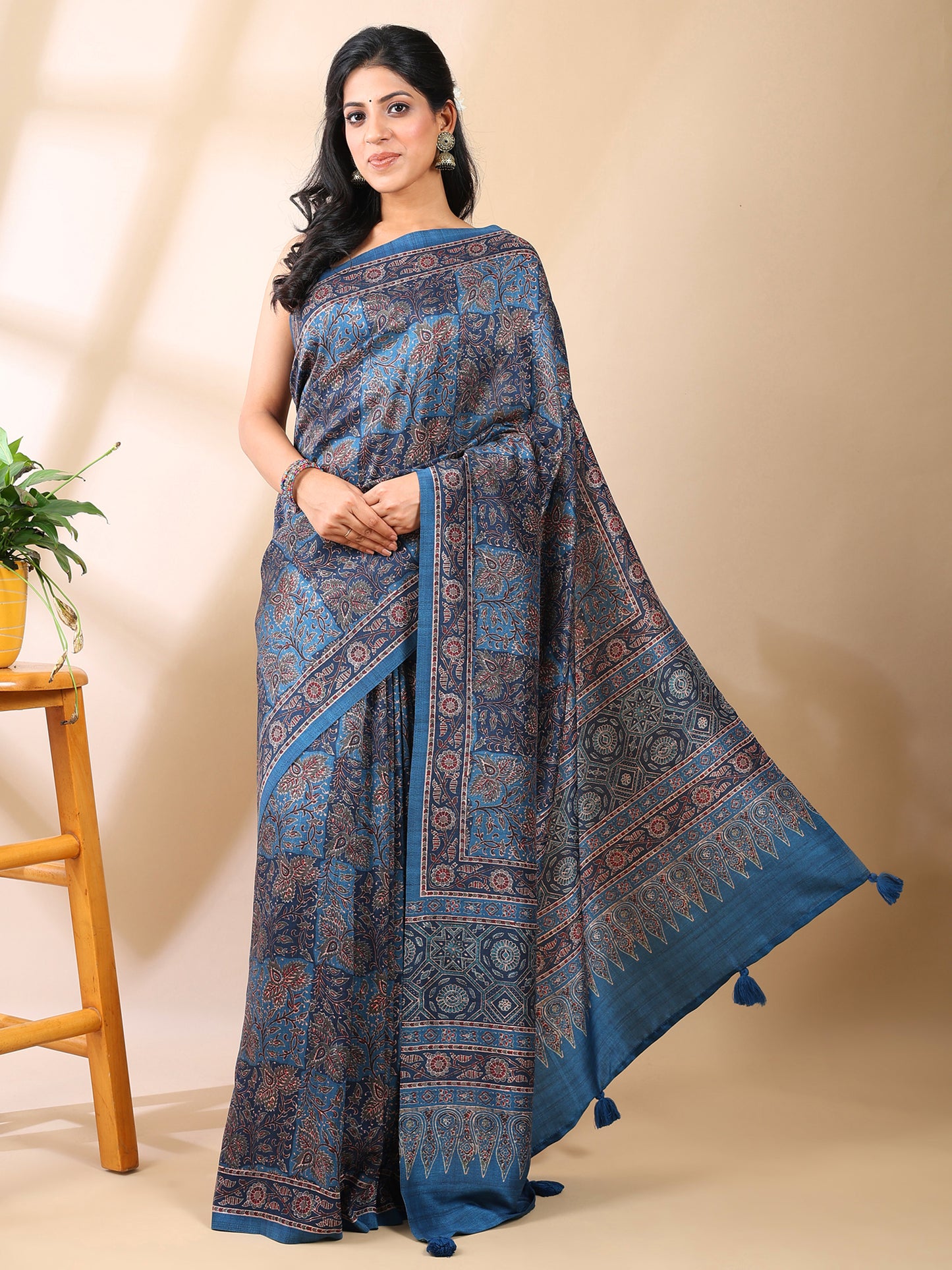 Indigo Tussar Art Silk Ajrakh Saree