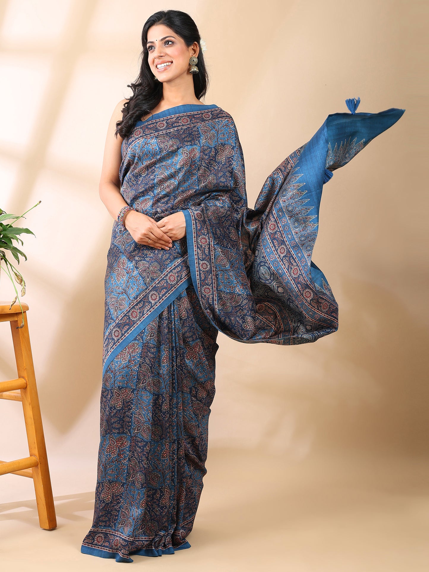Indigo Tussar Art Silk Ajrakh Saree