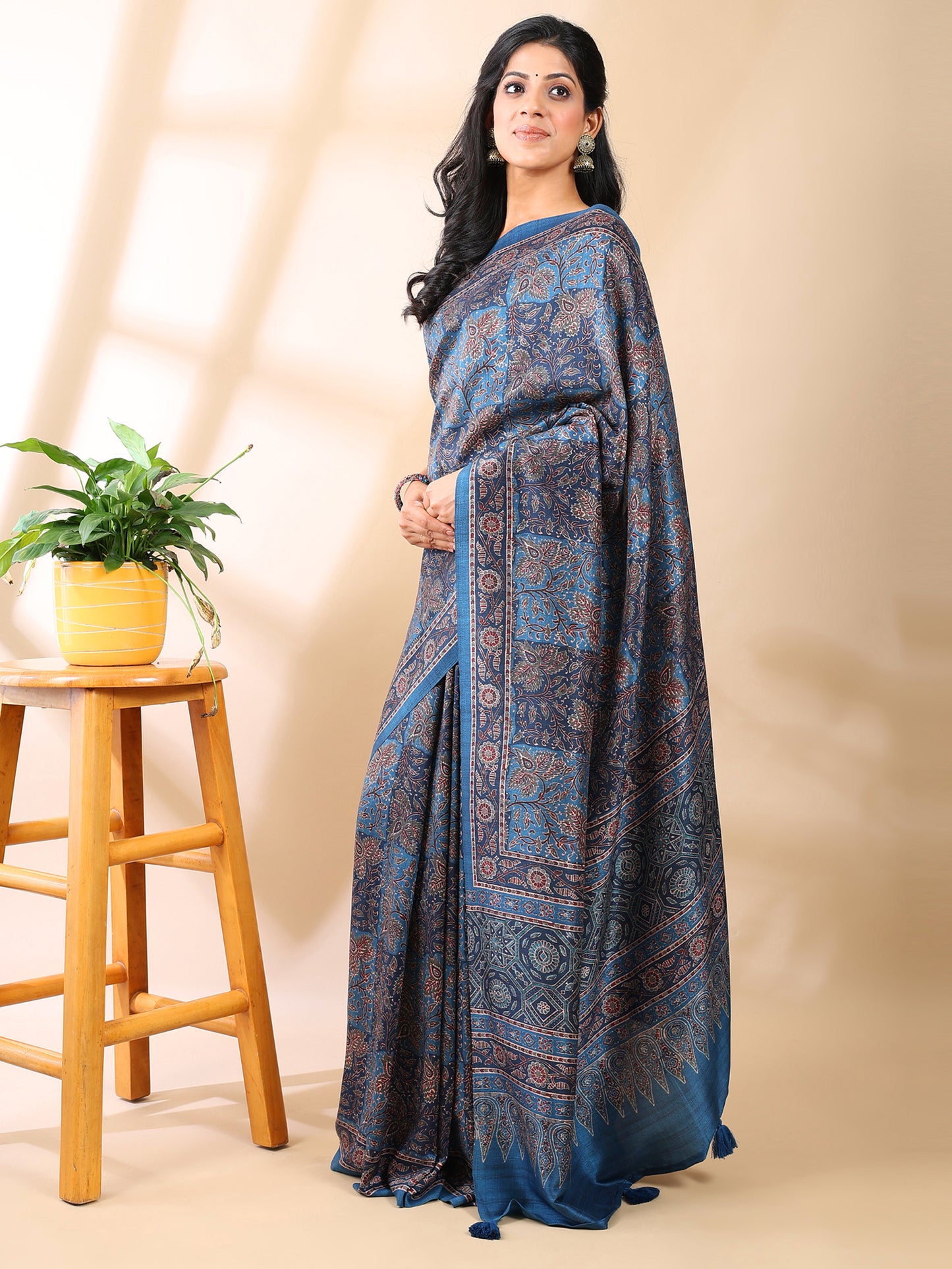 Indigo Tussar Art Silk Ajrakh Saree