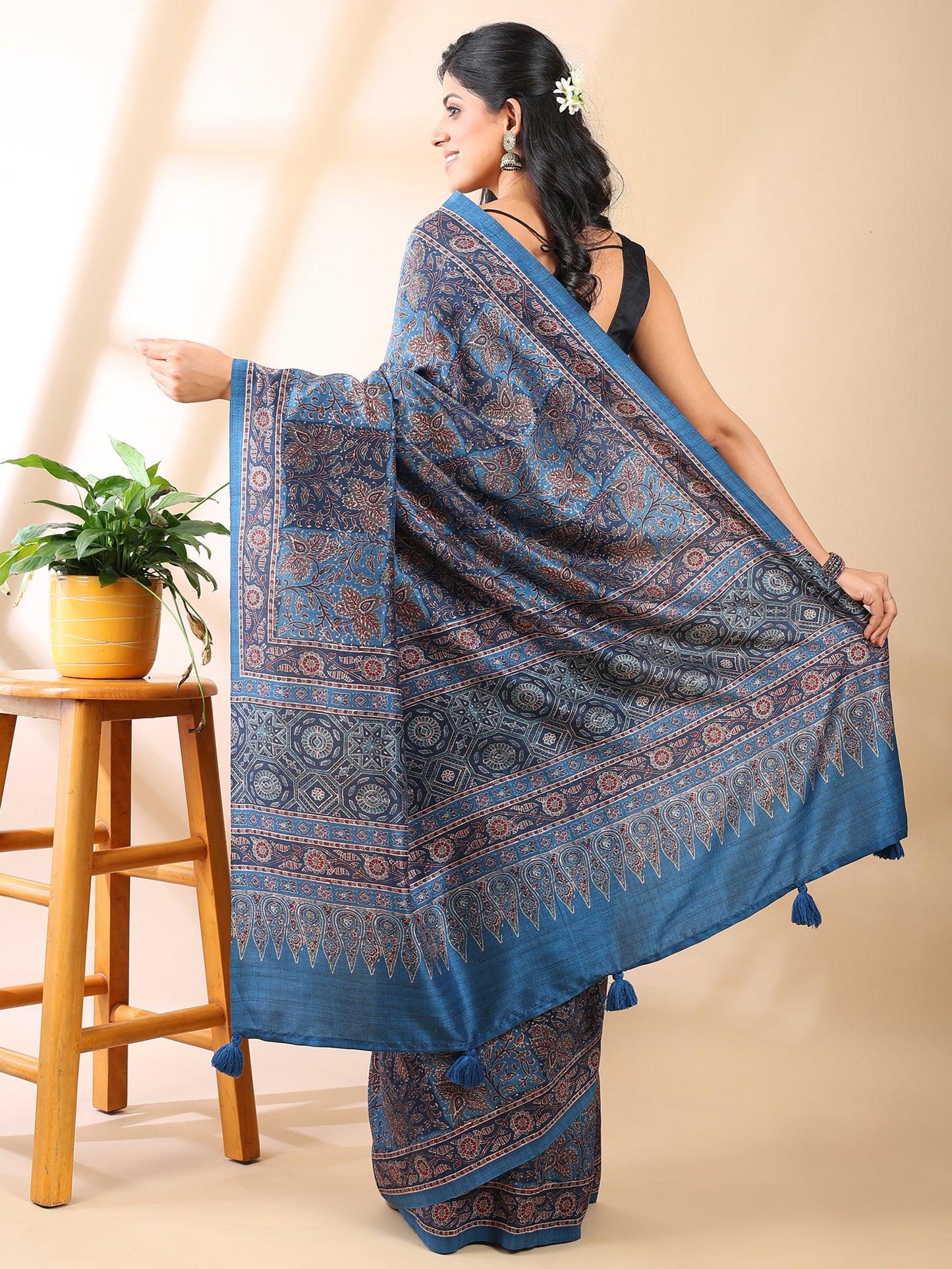 Indigo Tussar Art Silk Ajrakh Saree