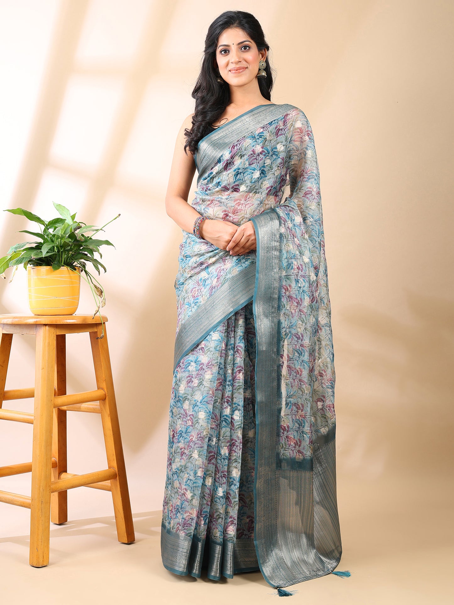 Sea Green Organza Floral Saree