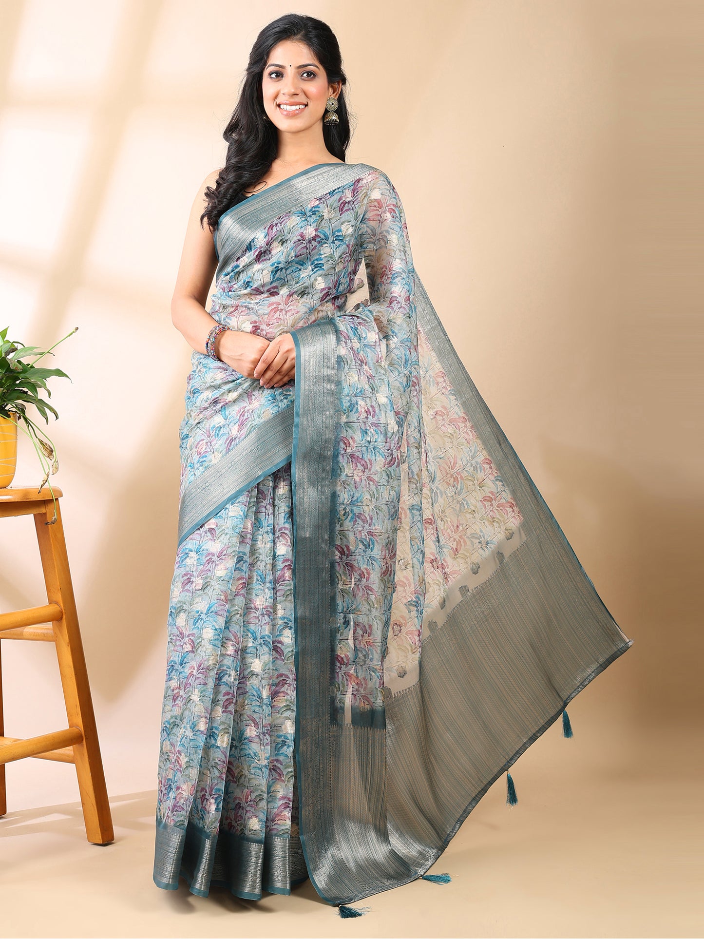 Sea Green Organza Floral Saree