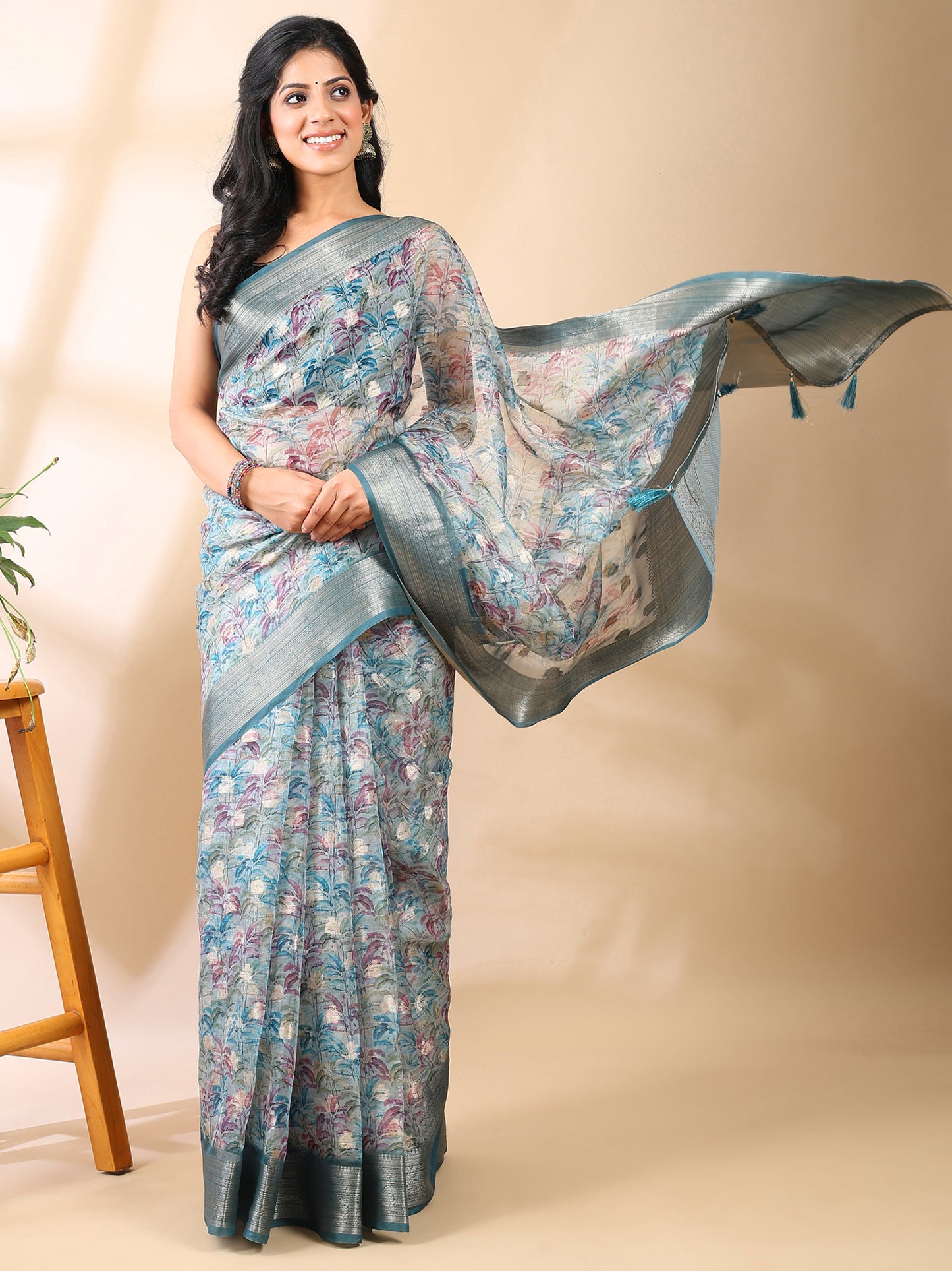 Sea Green Organza Floral Saree
